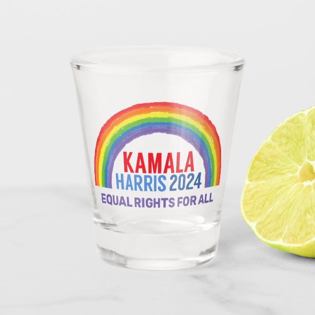 Kamala Harris 2024 Rainbow LGBTQ Rights Schnapsglas (Vorderseite)