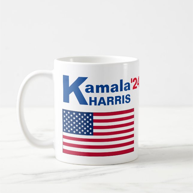 Kamala Harris mit amerikanischer Flagge Kaffeetasse (Links)