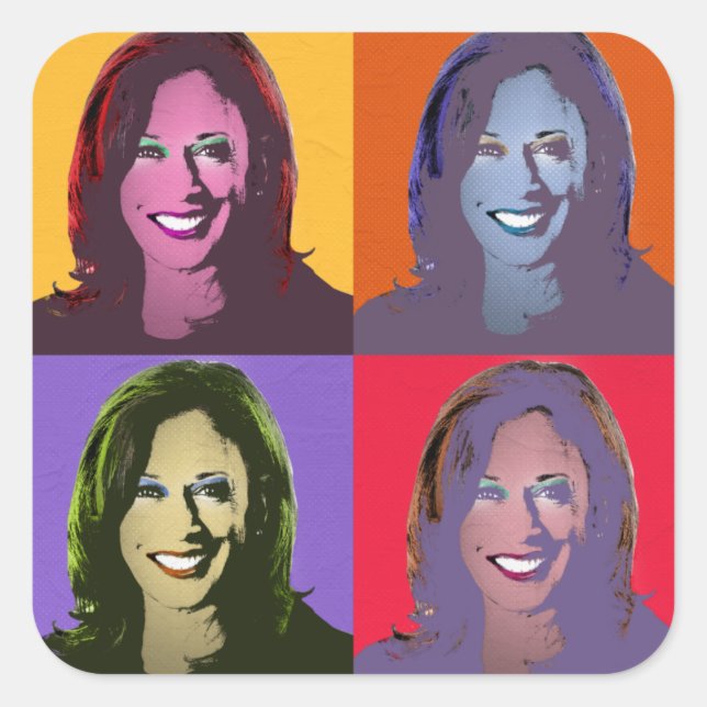Kamala Harris Pop Art (Gelb, orange, Lila, rot) Quadratischer Aufkleber (Vorderseite)