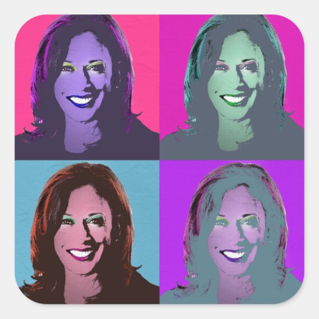 Kamala Harris Pop Art (Rosa, Magenta, Blau, Lila Quadratischer Aufkleber (Vorderseite)