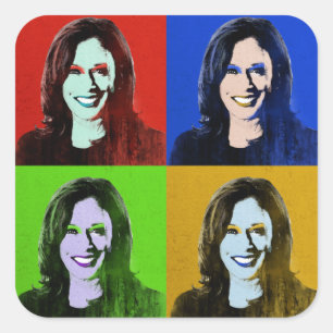 Kamala Harris Pop Art (Rot, Blau, Grün, Gelb) Quadratischer Aufkleber