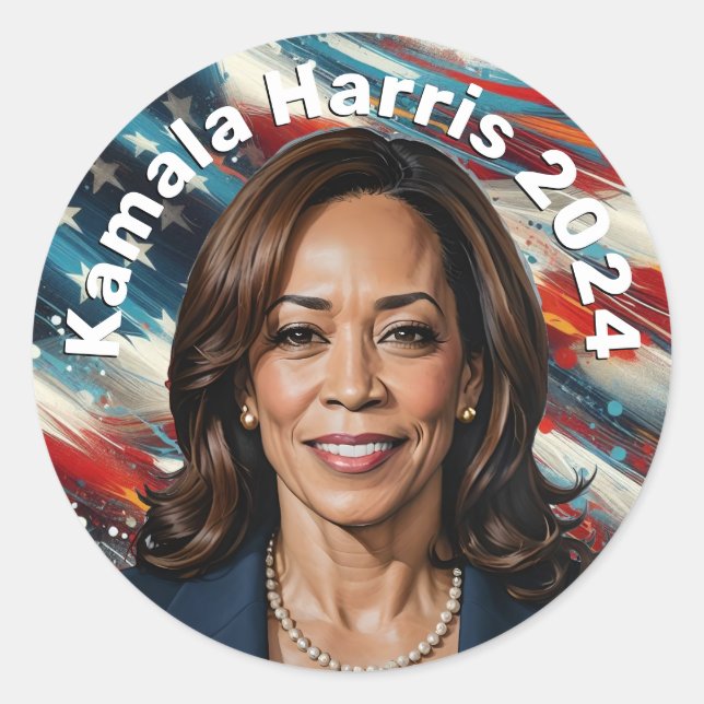 Kamala Harris und die amerikanische Flagge Runder Aufkleber (Vorderseite)