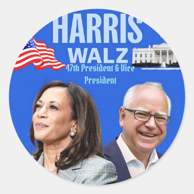 Kamala Harris und Tim Walz-2024_ Runder Aufkleber (Vorderseite)