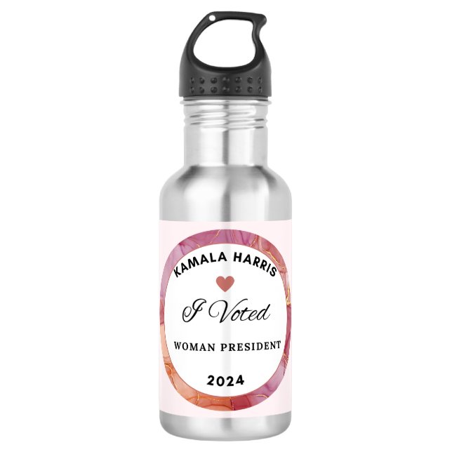 Kamala Harris Wasserflasche. Rosa Logo Edelstahlflasche (Vorderseite)