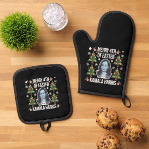 Kamala Harris Weihnachten Santa Frohe 4. Ostern Ofenhandschuh & Topflappen-Set