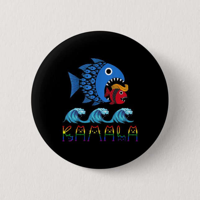 Kamala über Trump Blue Wave Big Fish frisst Small  Button (Vorderseite)