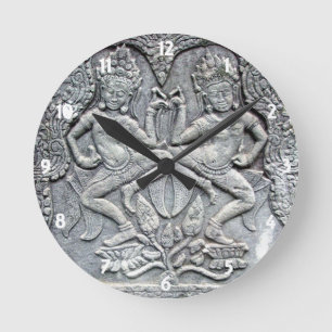 Kambodschanische Tänzer Steinschnitzuhr Runde Wanduhr