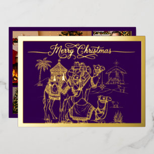 Kamele, Manger, frohe Weihnachten Lila, Gold Folien Feiertagskarte