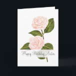 Kamelien im Blampenlicht-Sister zum Geburtstag Karte<br><div class="desc">Zwei schöne, elegante Kamelien zieren die Vorderseite dieser Geburtstagskarte. Die mit Pastellfarben Gezeichnet rosa Kamelien schaffen ein zartes und auffälliges Design, das Ihre Schwester ehrt. Die Worte "Happy Birthday, Sister" sind vorne geschrieben. Das Innere hat eine süße Stimmung, die Sie entweder behalten oder anpassen können. Machen Sie mit dieser Blumenkarte...</div>
