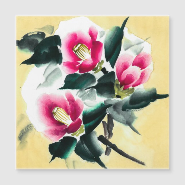 Kamelien im Schnee bemalt in der Smie-Technik Magnetkarte (Vorderseite)