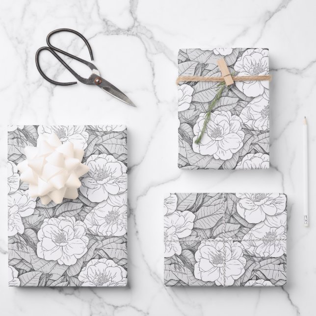 Kamelien in Schwarz und Weiß Geschenkpapier Set (Vorderseite)