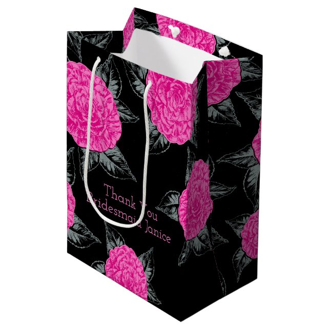 Kamelien-Tintenkunst, rosa und schwarze Gastgesche Mittlere Geschenktüte (Vorderseite Schrägansicht)