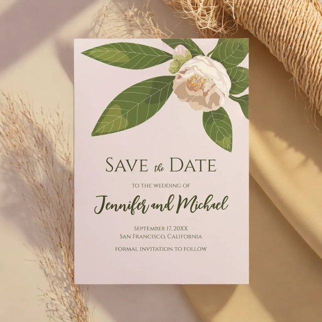 Kamelien und Grüne Einfache Elegant Save the Date Einladung (Camellia and Greenery Simple Elegant Save the Date Invitation)