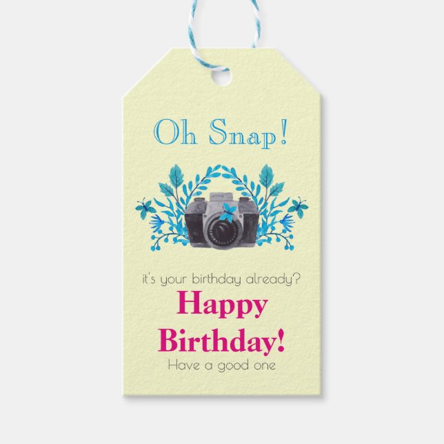 Kamera mit blauen Blätter und Schmetterlingen zum  Geschenkanhänger (Vorderseite)