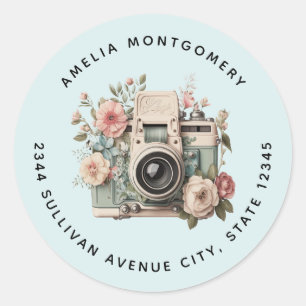 Kamera mit Blumen Retro Pastell Bild - Adresse Runder Aufkleber