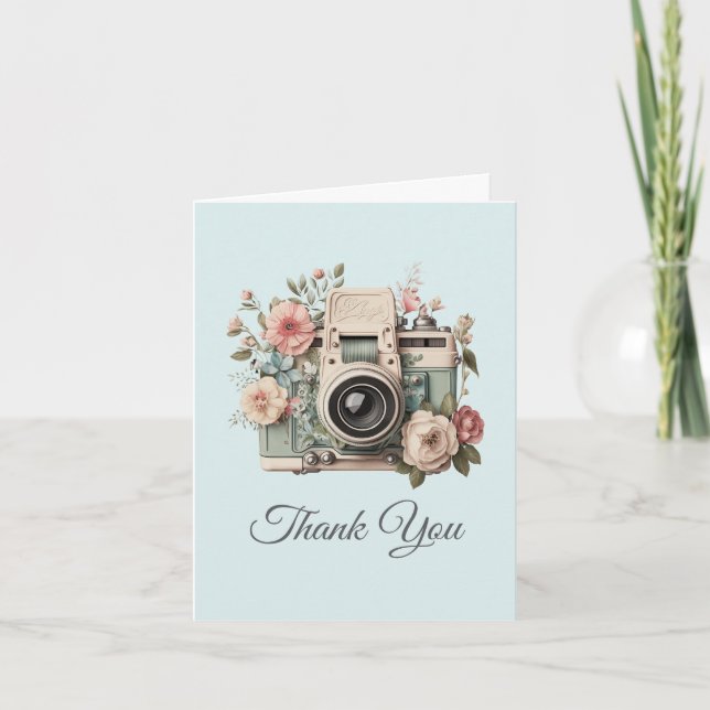 Kamera mit Blumen Retro Pastell Bild Dankeskarte (Vorderseite)