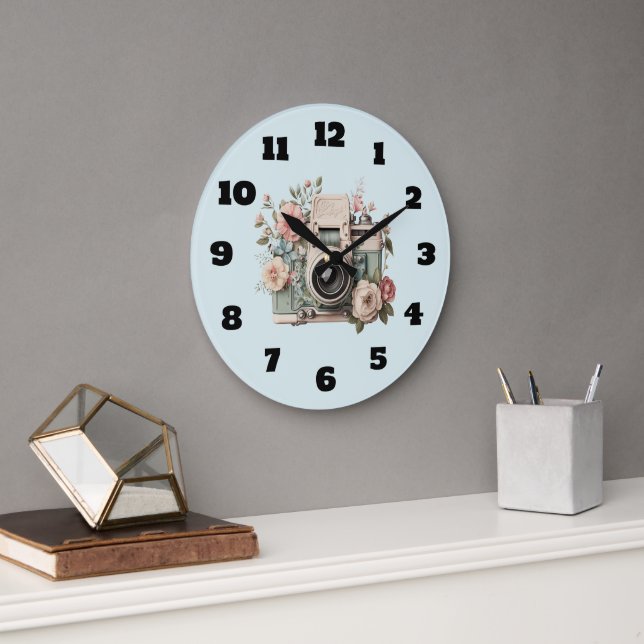 Kamera mit Blumen Retro Pastell Bild Große Wanduhr (Büro)