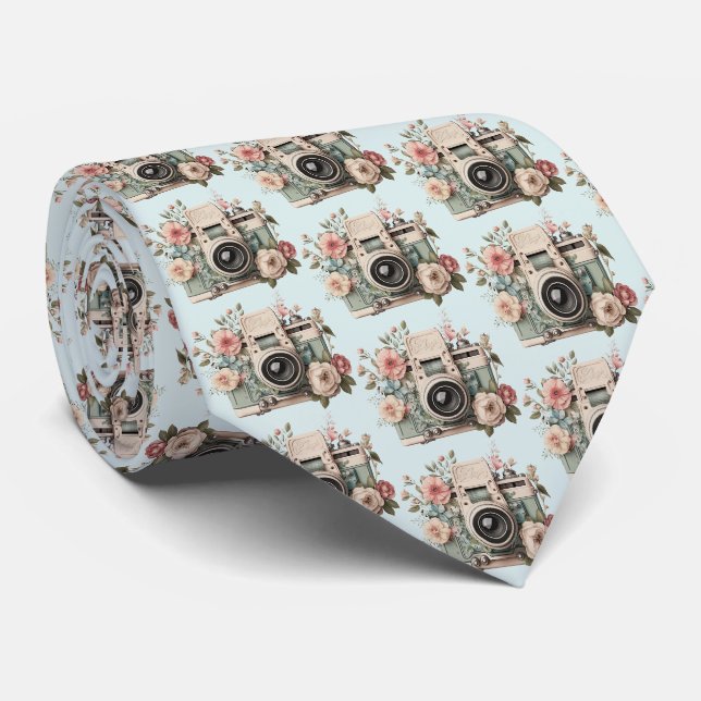 Kamera mit Blumen Retro Pastell Bild Muster Krawatte (Gerollt)