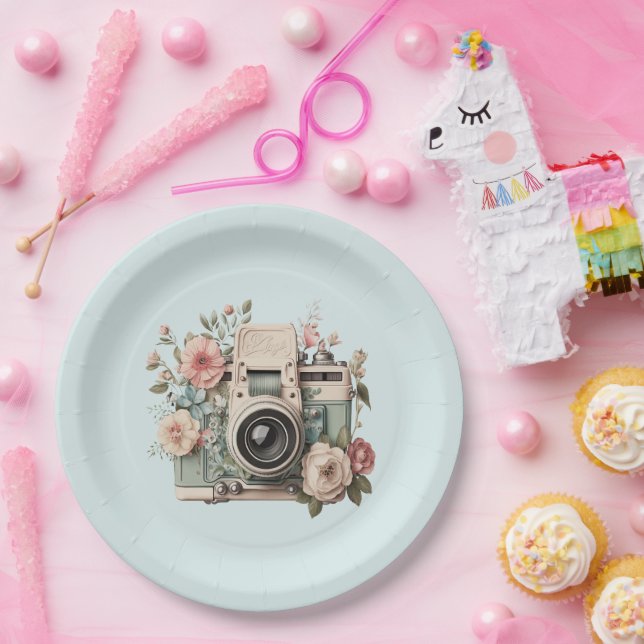 Kamera mit Blumen Retro Pastell Bild Pappteller (Party)