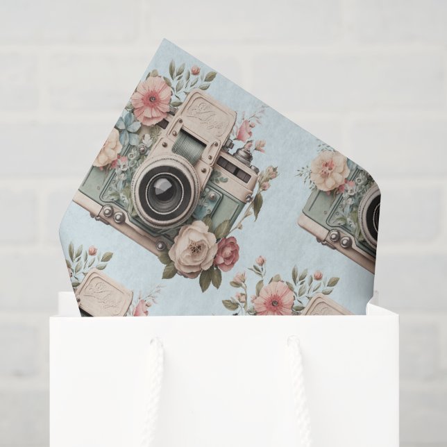 Kamera mit Blumen Retro Pastell Bildmuster Seidenpapier (Geschenk Tasche)