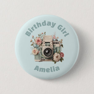 Kamera mit Blumen Retro Pastell Geburtstagsmädchen Button