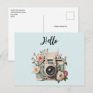 Kamera mit Blumen Retro Pastell Hallo Postkarte