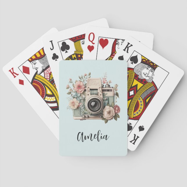 Kamera mit Retro-Pastell-Blumenbild Spielkarten (Rückseite)