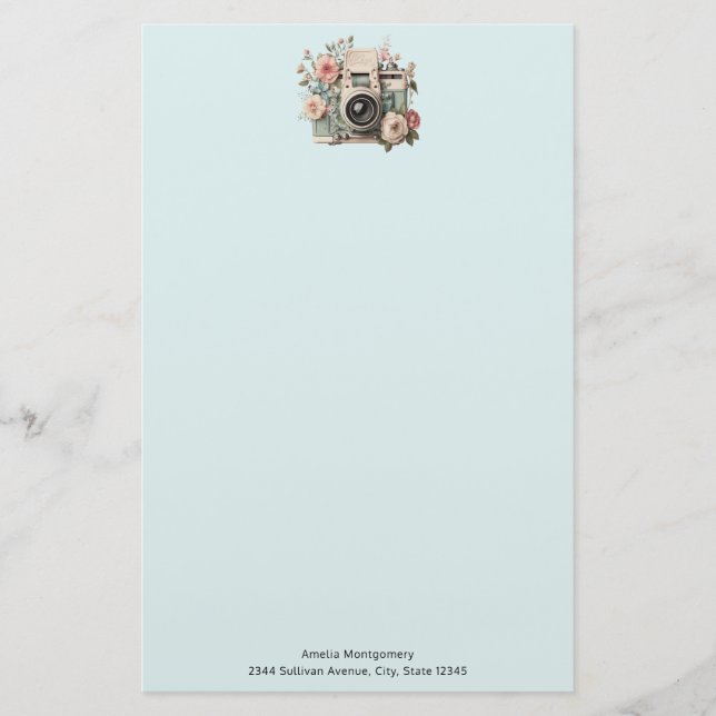 Kamera mit Retro-Pastellbild Blumen Briefpapier (Vorderseite)
