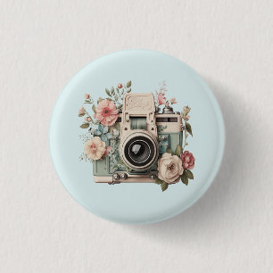 Kamera mit Retro-Pastellbild Blumen Button