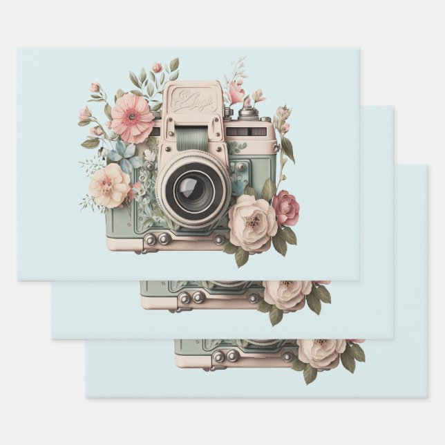 Kamera mit Retro-Pastellbild Blumen Geschenkpapier Set (Set)