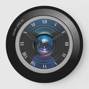 Kameras Zoom Linsen mit römischen Zahlen Große Wanduhr