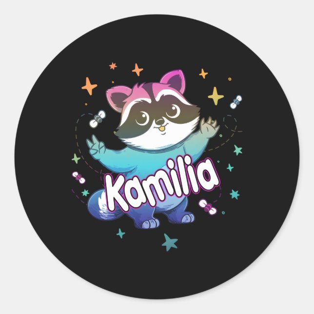 Kamilia Adorable Name mit Raccoon Runder Aufkleber (Vorderseite)