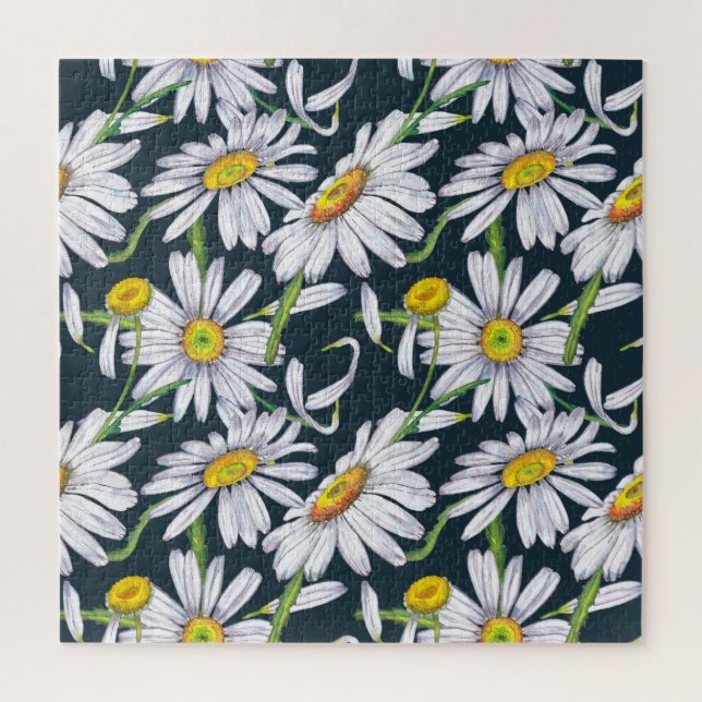 Kamille Blume: Dunkelblaue Wasserfarbe. Puzzle (Vertikal)