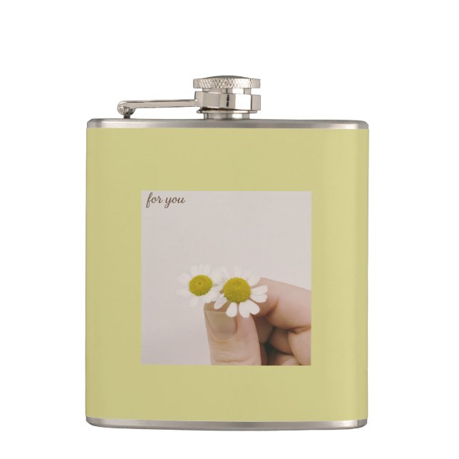„Kamille-Blumen-Vinyl-Flasche – ‚Für Dich‘  Flachmann (Vorderseite)