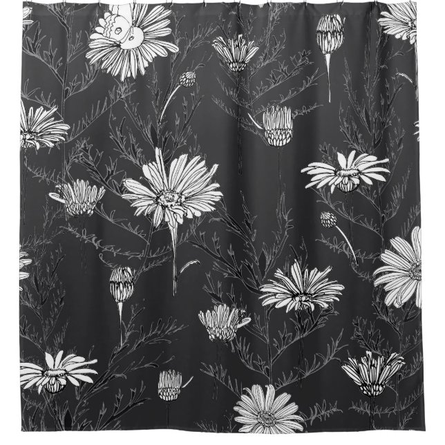 Kamille schwarzer Pen: Blumenmuster. Duschvorhang (Vorderseite)