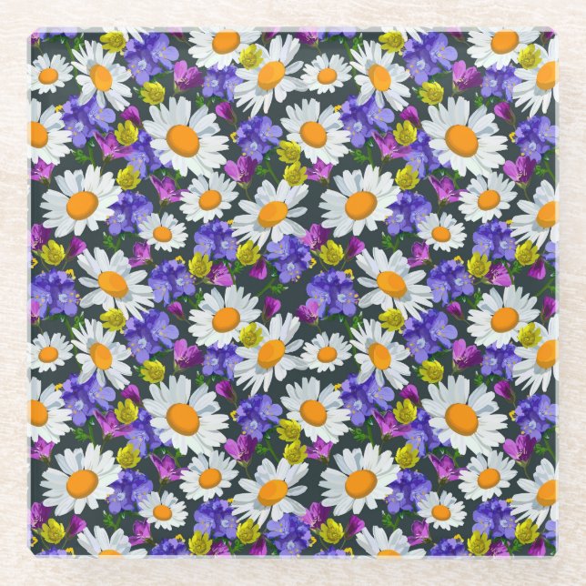 Kamille, wilde Blume: nahtlose Muster. Glasuntersetzer (Vorderseite)
