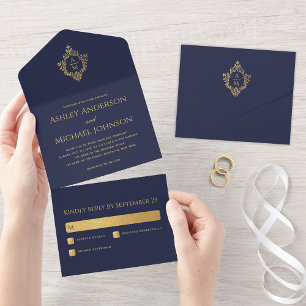 Kamm Marineblau Falsches Gold Elegantes Hochzeitsm All In One Einladung
