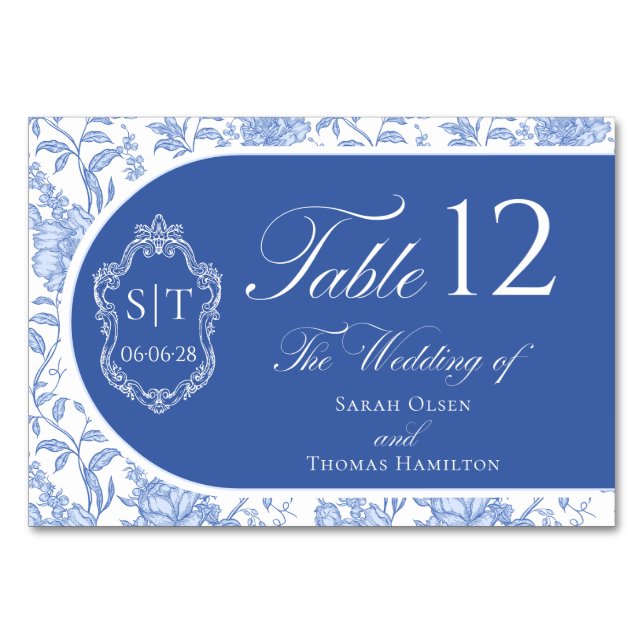 Kamm-Monogramm Delft Blau Floral Schrift Tischnummer (Vorderseite)