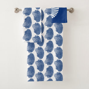 Kamm-Muschel-Muschel-Block-Druck, Kobalt-Blau und Badhandtuch Set