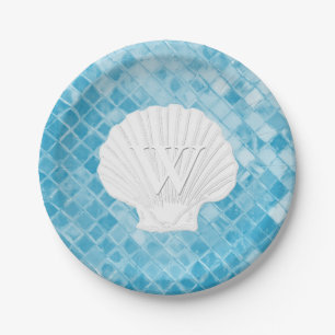 Kamm-Muschel-Muschel-Monogramm-blaues Seeglas Pappteller