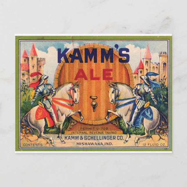 Kamm's Ale Mishawaka Indiana Burgen - Ritterlabel Postkarte (Vorderseite)