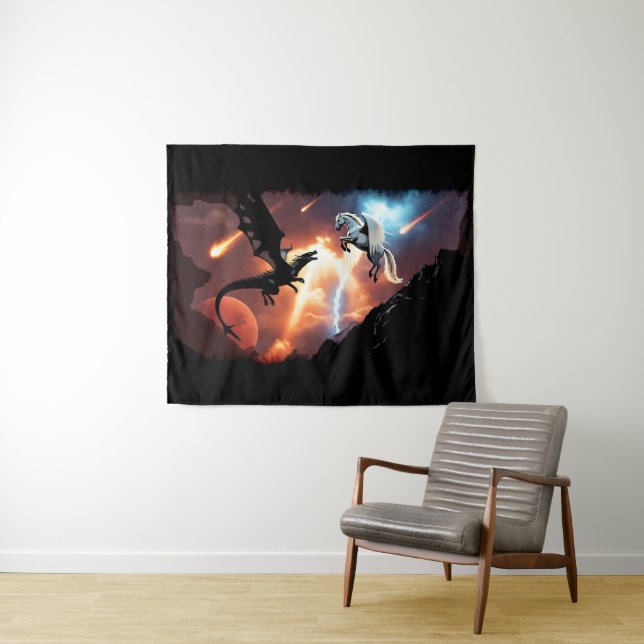 Kampf im Weltraum - Drache und Pegasus Wandteppich (Beispiel (Horizontal))