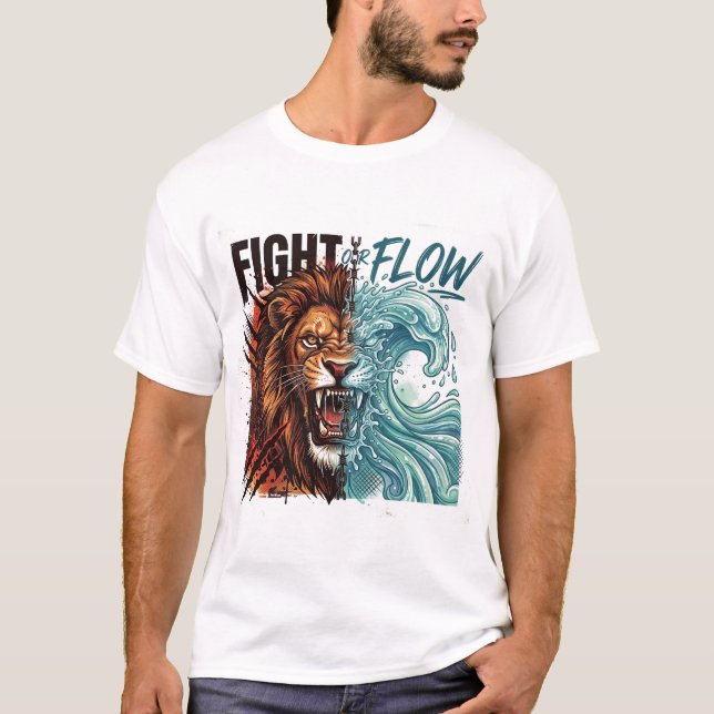 Kampf oder Fluss Löwe und Wasserwelle-Design T-Shirt (Vorderseite)