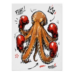 Kampf Runde 1 Boxen Oktopus – Fett Handgezeichnet Poster