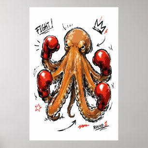 Kampf Runde 1 Boxen Oktopus – Fett Handgezeichnet Poster