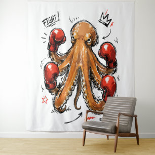 Kampf Runde 1 Boxen Oktopus – Fett Handgezeichnet Wandteppich