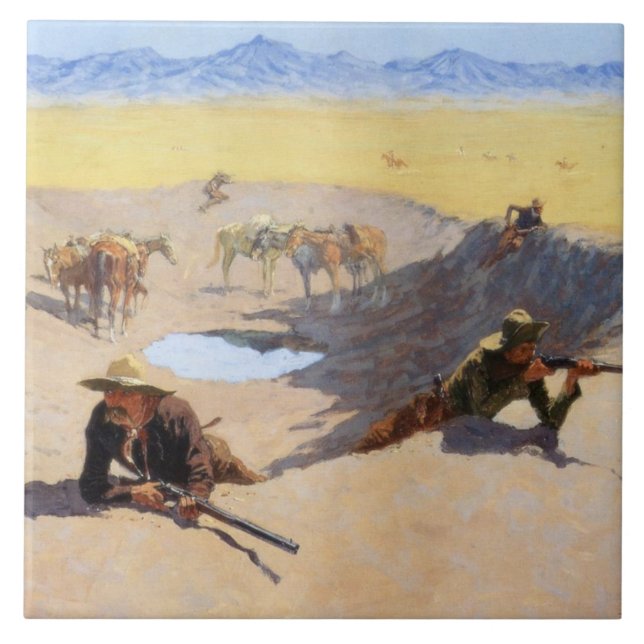 Kampf um das Wasserloch (von Frederic Remington) Fliese (Vorderseite)