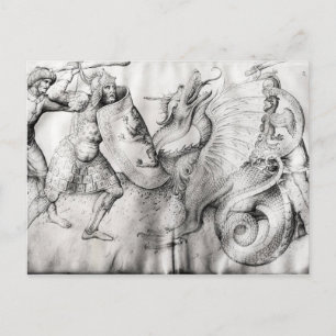 Kampf zwischen Kriegern und Drachen, c.1450 Postkarte