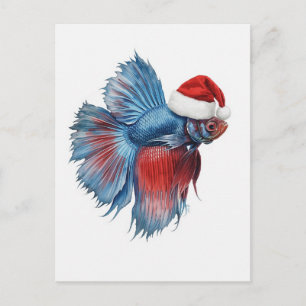 Kampffisch mit Santa-Mütze Wasserfarben-Weihnachte Feiertagspostkarte