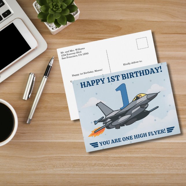 Kampfflugzeug Flugzeug Junge Erster Geburtstag Postkarte (Von Creator hochgeladen)